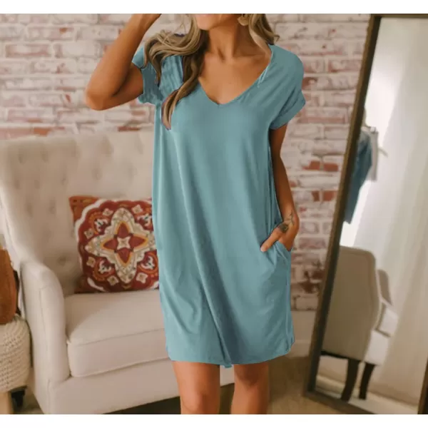 BTFBM Women VNeck Short Sleeve Summer Dresses 2024 Spring Casual Loose TShirt Tunic Short Dress Pajamas with PocketsGrey Blue