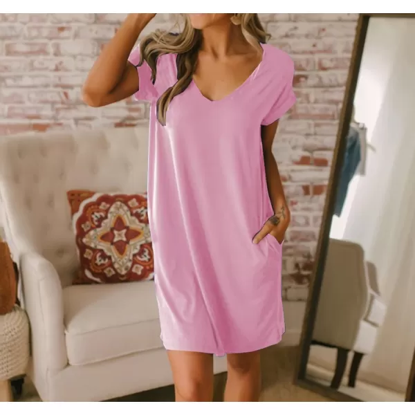 BTFBM Women VNeck Short Sleeve Summer Dresses 2024 Spring Casual Loose TShirt Tunic Short Dress Pajamas with PocketsLight Pink