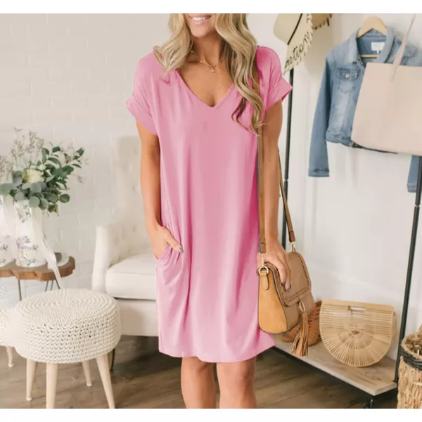 BTFBM Women VNeck Short Sleeve Summer Dresses 2024 Spring Casual Loose TShirt Tunic Short Dress Pajamas with PocketsLight Pink