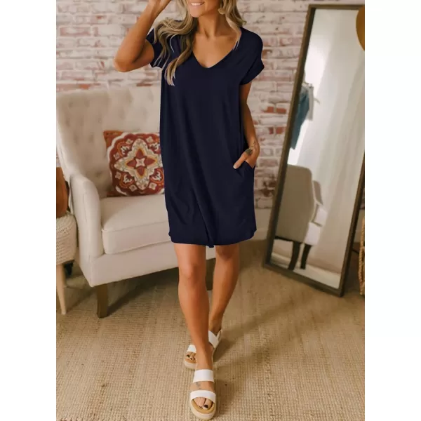 BTFBM Women VNeck Short Sleeve Summer Dresses 2024 Spring Casual Loose TShirt Tunic Short Dress Pajamas with PocketsNavy