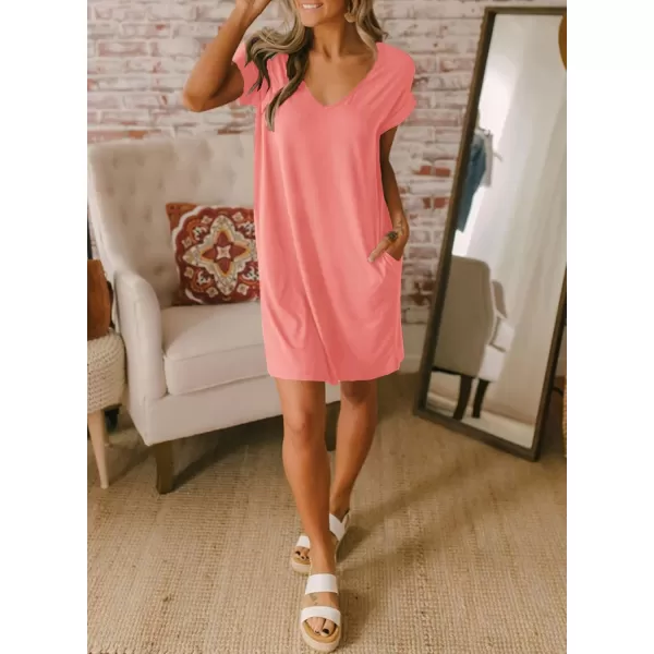 BTFBM Women VNeck Short Sleeve Summer Dresses 2024 Spring Casual Loose TShirt Tunic Short Dress Pajamas with PocketsPink