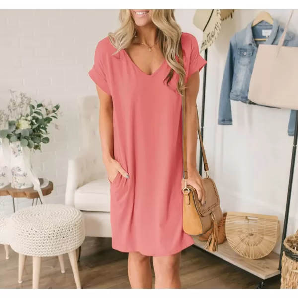 BTFBM Women VNeck Short Sleeve Summer Dresses 2024 Spring Casual Loose TShirt Tunic Short Dress Pajamas with PocketsPink