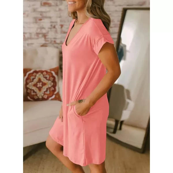 BTFBM Women VNeck Short Sleeve Summer Dresses 2024 Spring Casual Loose TShirt Tunic Short Dress Pajamas with PocketsPink
