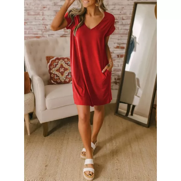 BTFBM Women VNeck Short Sleeve Summer Dresses 2024 Spring Casual Loose TShirt Tunic Short Dress Pajamas with PocketsRed
