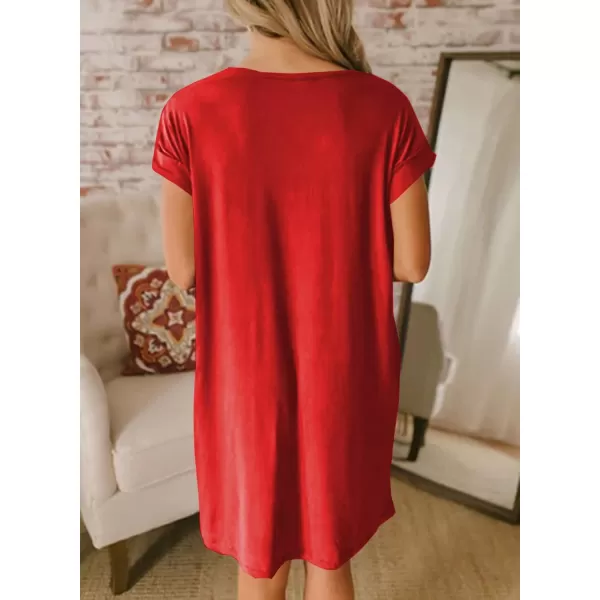 BTFBM Women VNeck Short Sleeve Summer Dresses 2024 Spring Casual Loose TShirt Tunic Short Dress Pajamas with PocketsRed
