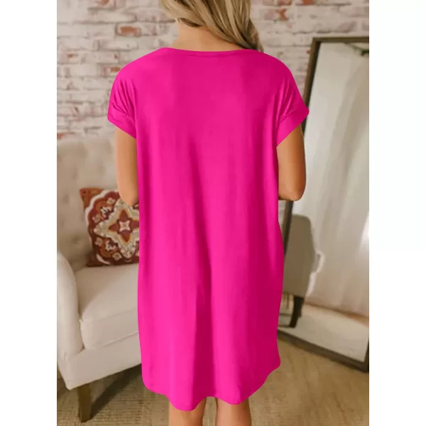 BTFBM Women VNeck Short Sleeve Summer Dresses 2024 Spring Casual Loose TShirt Tunic Short Dress Pajamas with PocketsRose Pink
