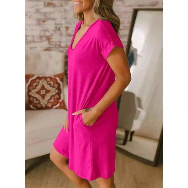 BTFBM Women VNeck Short Sleeve Summer Dresses 2024 Spring Casual Loose TShirt Tunic Short Dress Pajamas with PocketsRose Pink