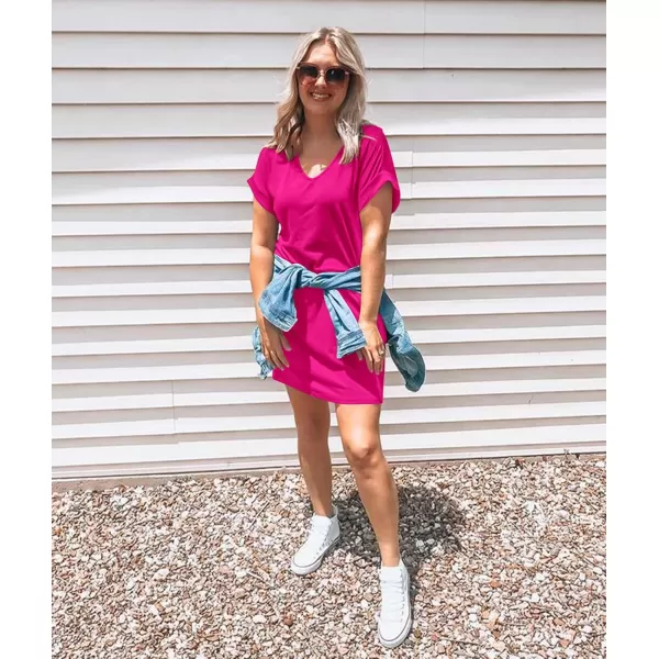BTFBM Women VNeck Short Sleeve Summer Dresses 2024 Spring Casual Loose TShirt Tunic Short Dress Pajamas with PocketsRose Pink
