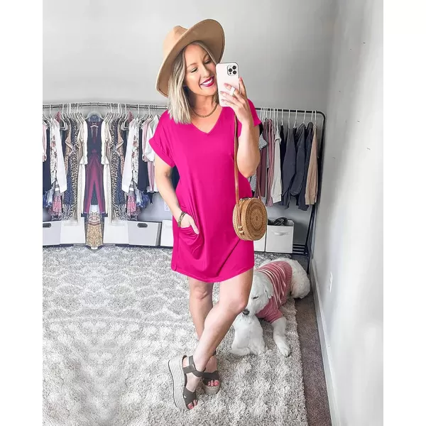 BTFBM Women VNeck Short Sleeve Summer Dresses 2024 Spring Casual Loose TShirt Tunic Short Dress Pajamas with PocketsRose Pink