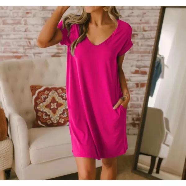 BTFBM Women VNeck Short Sleeve Summer Dresses 2024 Spring Casual Loose TShirt Tunic Short Dress Pajamas with PocketsRose Red