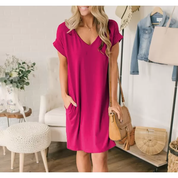 BTFBM Women VNeck Short Sleeve Summer Dresses 2024 Spring Casual Loose TShirt Tunic Short Dress Pajamas with PocketsRose Red