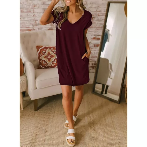 BTFBM Women VNeck Short Sleeve Summer Dresses 2024 Spring Casual Loose TShirt Tunic Short Dress Pajamas with PocketsWine Red