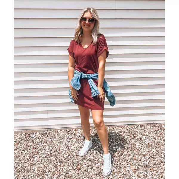 BTFBM Women VNeck Short Sleeve Summer Dresses 2024 Spring Casual Loose TShirt Tunic Short Dress Pajamas with PocketsWine Red