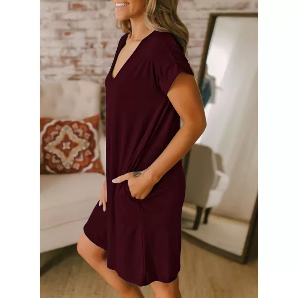 BTFBM Women VNeck Short Sleeve Summer Dresses 2024 Spring Casual Loose TShirt Tunic Short Dress Pajamas with PocketsWine Red