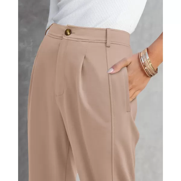 BTFBM Womens 2024 Casual Button Down Pants Elastic High Waist Business Work Trousers Long Straight Slacks with PocketsSolid Beige
