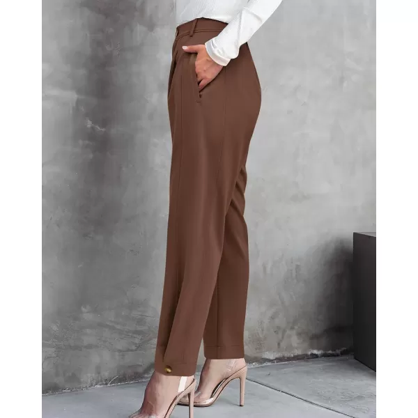 BTFBM Womens 2024 Casual Button Down Pants Elastic High Waist Business Work Trousers Long Straight Slacks with PocketsSolid Brown