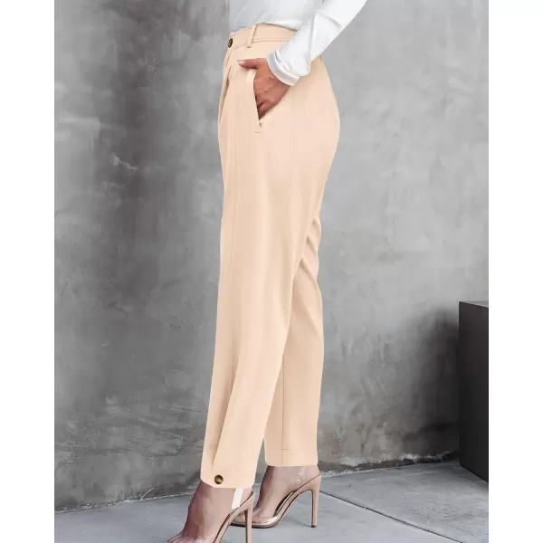 BTFBM Womens 2024 Casual Button Down Pants Elastic High Waist Business Work Trousers Long Straight Slacks with PocketsSolid Cream