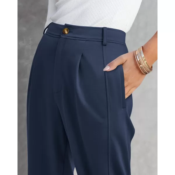 BTFBM Womens 2024 Casual Button Down Pants Elastic High Waist Business Work Trousers Long Straight Slacks with PocketsSolid Dark Blue