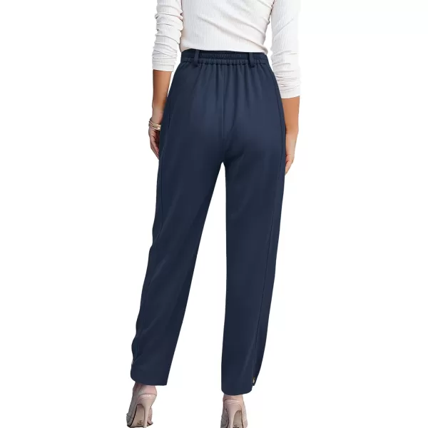 BTFBM Womens 2024 Casual Button Down Pants Elastic High Waist Business Work Trousers Long Straight Slacks with PocketsSolid Dark Blue