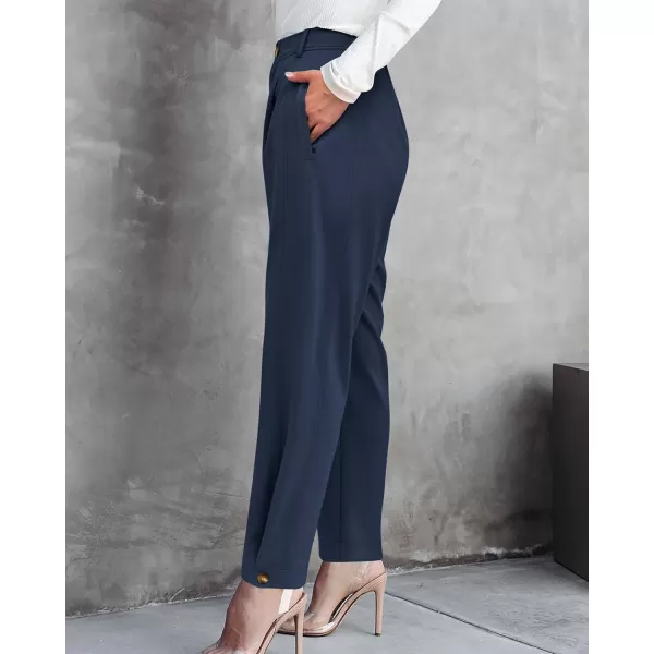 BTFBM Womens 2024 Casual Button Down Pants Elastic High Waist Business Work Trousers Long Straight Slacks with PocketsSolid Dark Blue
