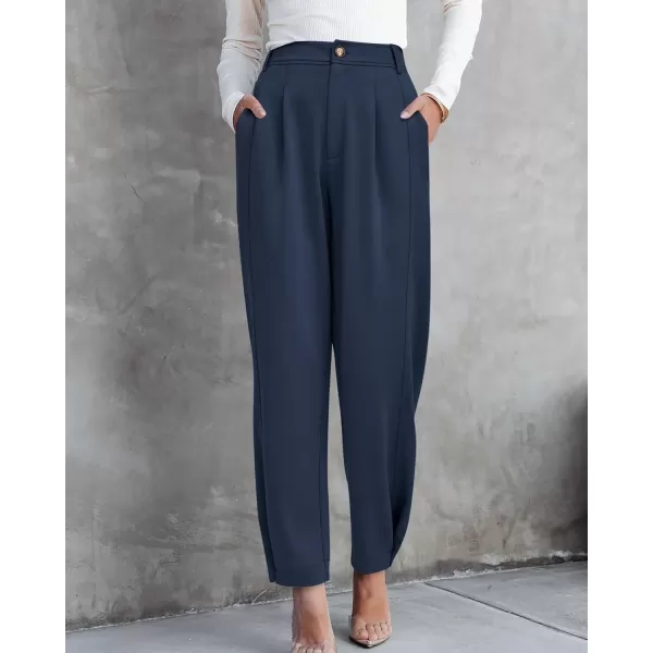 BTFBM Womens 2024 Casual Button Down Pants Elastic High Waist Business Work Trousers Long Straight Slacks with PocketsSolid Dark Blue