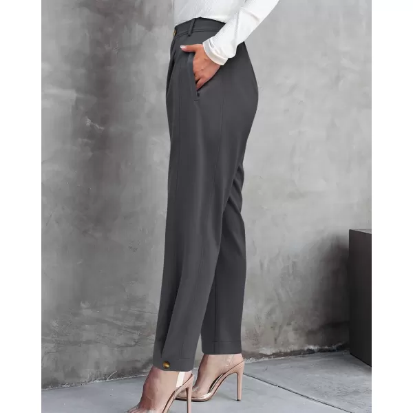 BTFBM Womens 2024 Casual Button Down Pants Elastic High Waist Business Work Trousers Long Straight Slacks with PocketsSolid Dark Grey