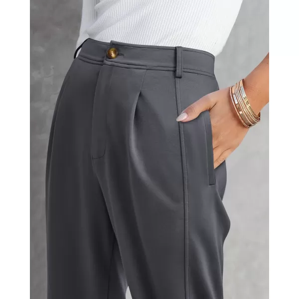 BTFBM Womens 2024 Casual Button Down Pants Elastic High Waist Business Work Trousers Long Straight Slacks with PocketsSolid Dark Grey
