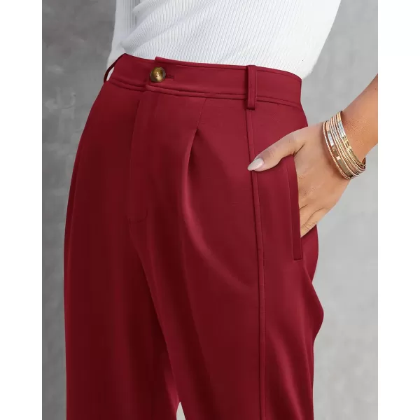 BTFBM Womens 2024 Casual Button Down Pants Elastic High Waist Business Work Trousers Long Straight Slacks with PocketsSolid Wine Red
