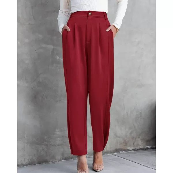 BTFBM Womens 2024 Casual Button Down Pants Elastic High Waist Business Work Trousers Long Straight Slacks with PocketsSolid Wine Red