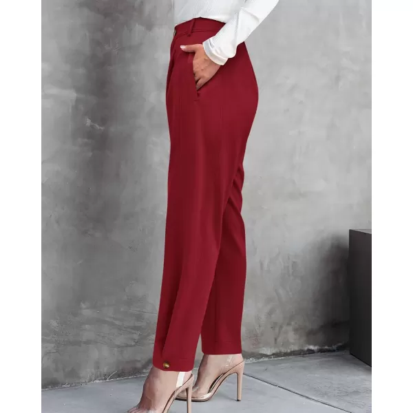 BTFBM Womens 2024 Casual Button Down Pants Elastic High Waist Business Work Trousers Long Straight Slacks with PocketsSolid Wine Red