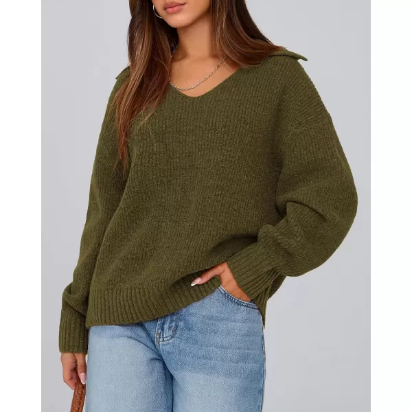 BTFBM Womens 2024 Fall Winter Sweaters Long Sleeve V Neck Lapel Collar Casual Pullover Oversized Knitted Jumper TopsArmy Green