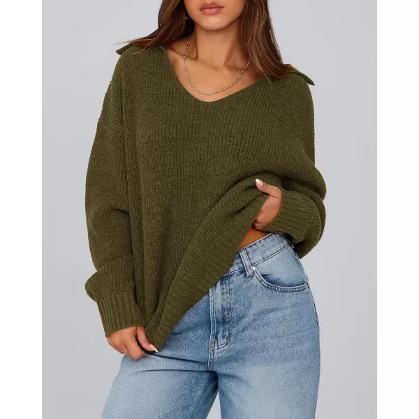 BTFBM Womens 2024 Fall Winter Sweaters Long Sleeve V Neck Lapel Collar Casual Pullover Oversized Knitted Jumper TopsArmy Green