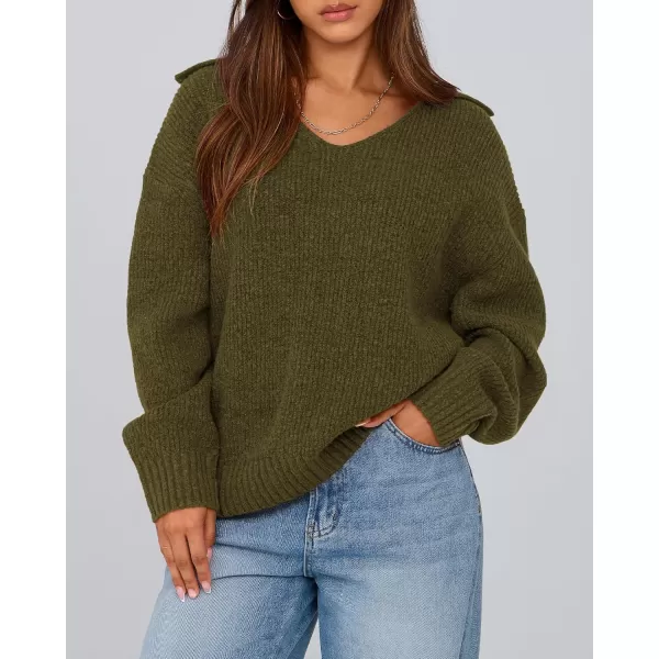 BTFBM Womens 2024 Fall Winter Sweaters Long Sleeve V Neck Lapel Collar Casual Pullover Oversized Knitted Jumper TopsArmy Green