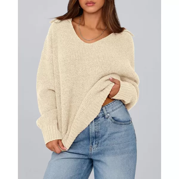 BTFBM Womens 2024 Fall Winter Sweaters Long Sleeve V Neck Lapel Collar Casual Pullover Oversized Knitted Jumper TopsBeige
