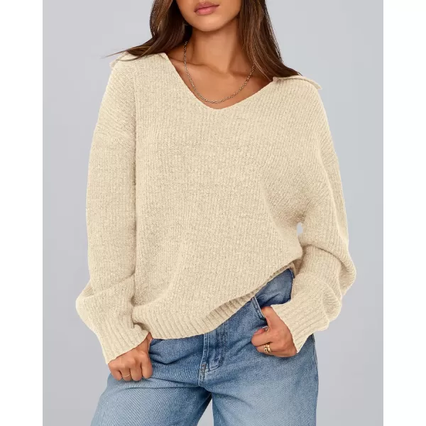 BTFBM Womens 2024 Fall Winter Sweaters Long Sleeve V Neck Lapel Collar Casual Pullover Oversized Knitted Jumper TopsBeige