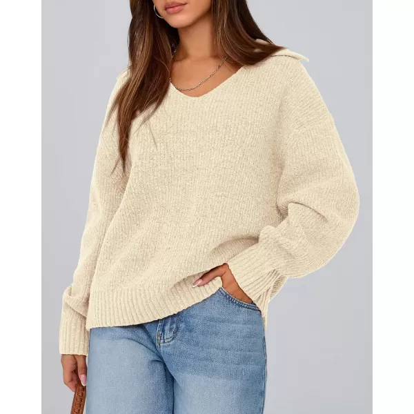 BTFBM Womens 2024 Fall Winter Sweaters Long Sleeve V Neck Lapel Collar Casual Pullover Oversized Knitted Jumper TopsBeige
