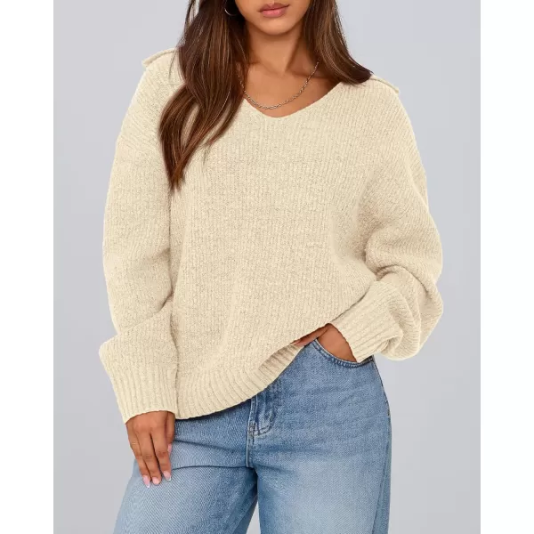 BTFBM Womens 2024 Fall Winter Sweaters Long Sleeve V Neck Lapel Collar Casual Pullover Oversized Knitted Jumper TopsBeige