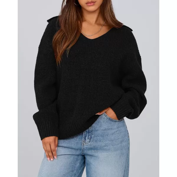 BTFBM Womens 2024 Fall Winter Sweaters Long Sleeve V Neck Lapel Collar Casual Pullover Oversized Knitted Jumper TopsBlack