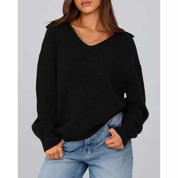 BTFBM Womens 2024 Fall Winter Sweaters Long Sleeve V Neck Lapel Collar Casual Pullover Oversized Knitted Jumper TopsBlack