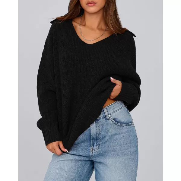 BTFBM Womens 2024 Fall Winter Sweaters Long Sleeve V Neck Lapel Collar Casual Pullover Oversized Knitted Jumper TopsBlack