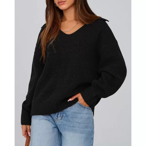 BTFBM Womens 2024 Fall Winter Sweaters Long Sleeve V Neck Lapel Collar Casual Pullover Oversized Knitted Jumper TopsBlack
