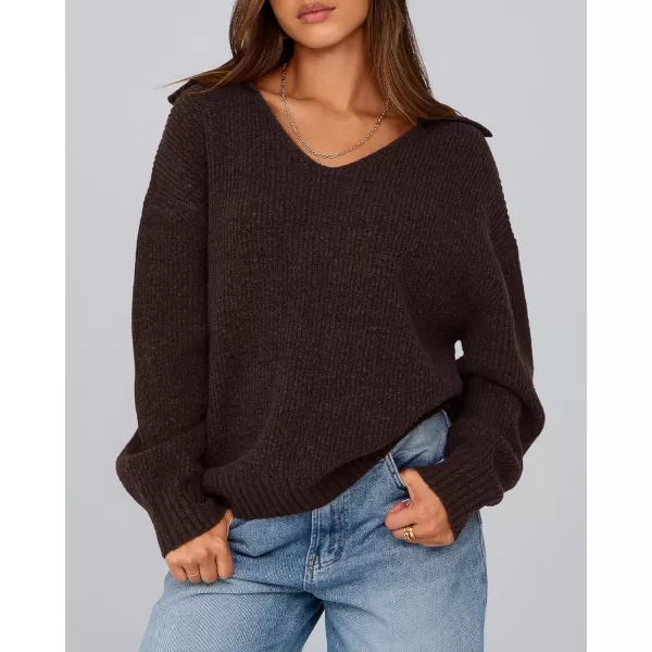 BTFBM Womens 2024 Fall Winter Sweaters Long Sleeve V Neck Lapel Collar Casual Pullover Oversized Knitted Jumper TopsCoffee