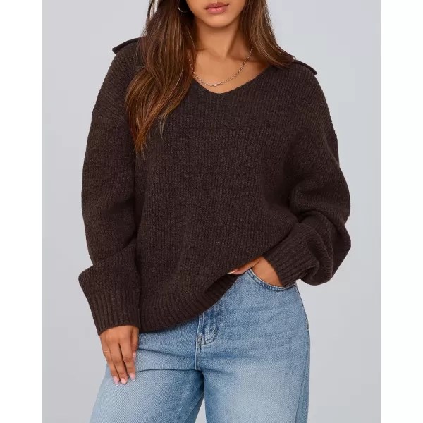 BTFBM Womens 2024 Fall Winter Sweaters Long Sleeve V Neck Lapel Collar Casual Pullover Oversized Knitted Jumper TopsCoffee