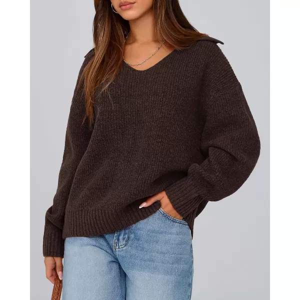 BTFBM Womens 2024 Fall Winter Sweaters Long Sleeve V Neck Lapel Collar Casual Pullover Oversized Knitted Jumper TopsCoffee