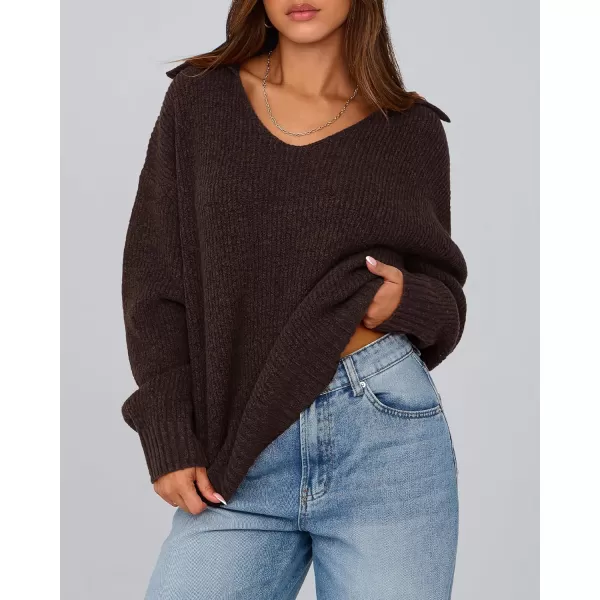 BTFBM Womens 2024 Fall Winter Sweaters Long Sleeve V Neck Lapel Collar Casual Pullover Oversized Knitted Jumper TopsCoffee
