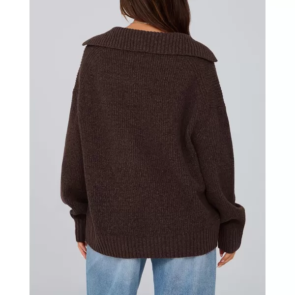 BTFBM Womens 2024 Fall Winter Sweaters Long Sleeve V Neck Lapel Collar Casual Pullover Oversized Knitted Jumper TopsCoffee