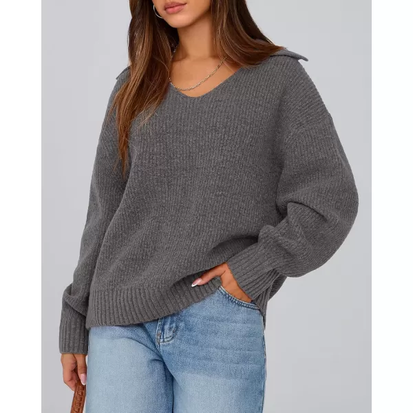 BTFBM Womens 2024 Fall Winter Sweaters Long Sleeve V Neck Lapel Collar Casual Pullover Oversized Knitted Jumper TopsGrey