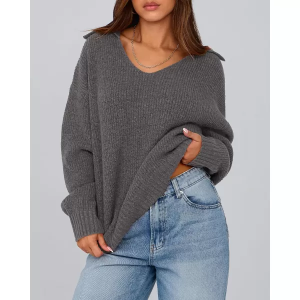 BTFBM Womens 2024 Fall Winter Sweaters Long Sleeve V Neck Lapel Collar Casual Pullover Oversized Knitted Jumper TopsGrey