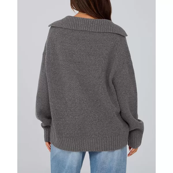 BTFBM Womens 2024 Fall Winter Sweaters Long Sleeve V Neck Lapel Collar Casual Pullover Oversized Knitted Jumper TopsGrey