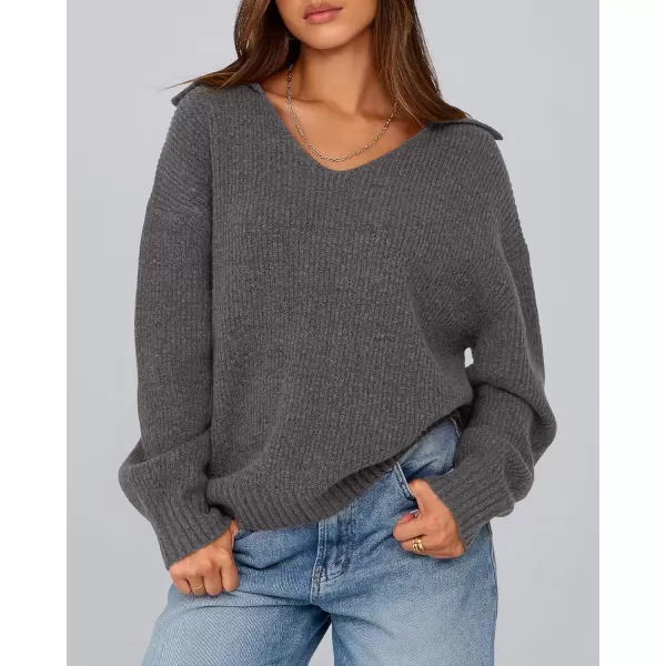 BTFBM Womens 2024 Fall Winter Sweaters Long Sleeve V Neck Lapel Collar Casual Pullover Oversized Knitted Jumper TopsGrey
